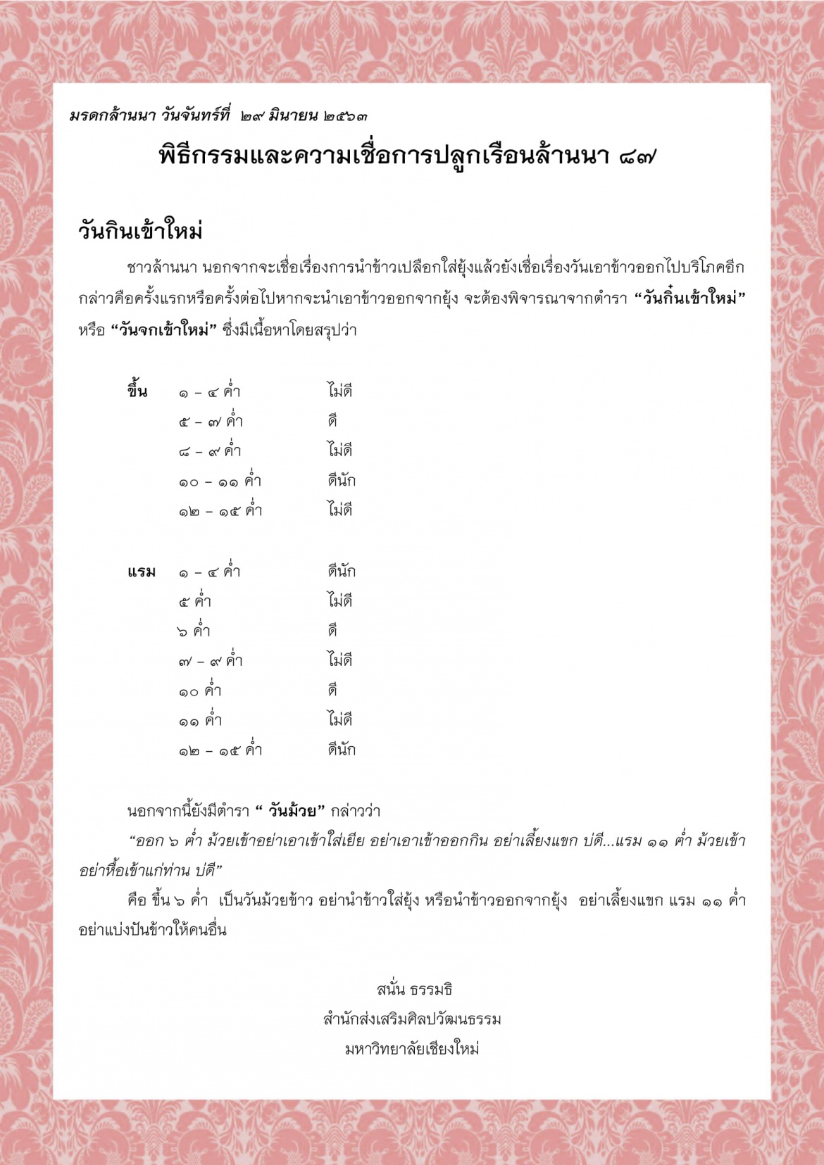 พิธีกรรมและความเชื่อการปลูกเรือนล้านนา (87) - 29 มิถุนายน 2563